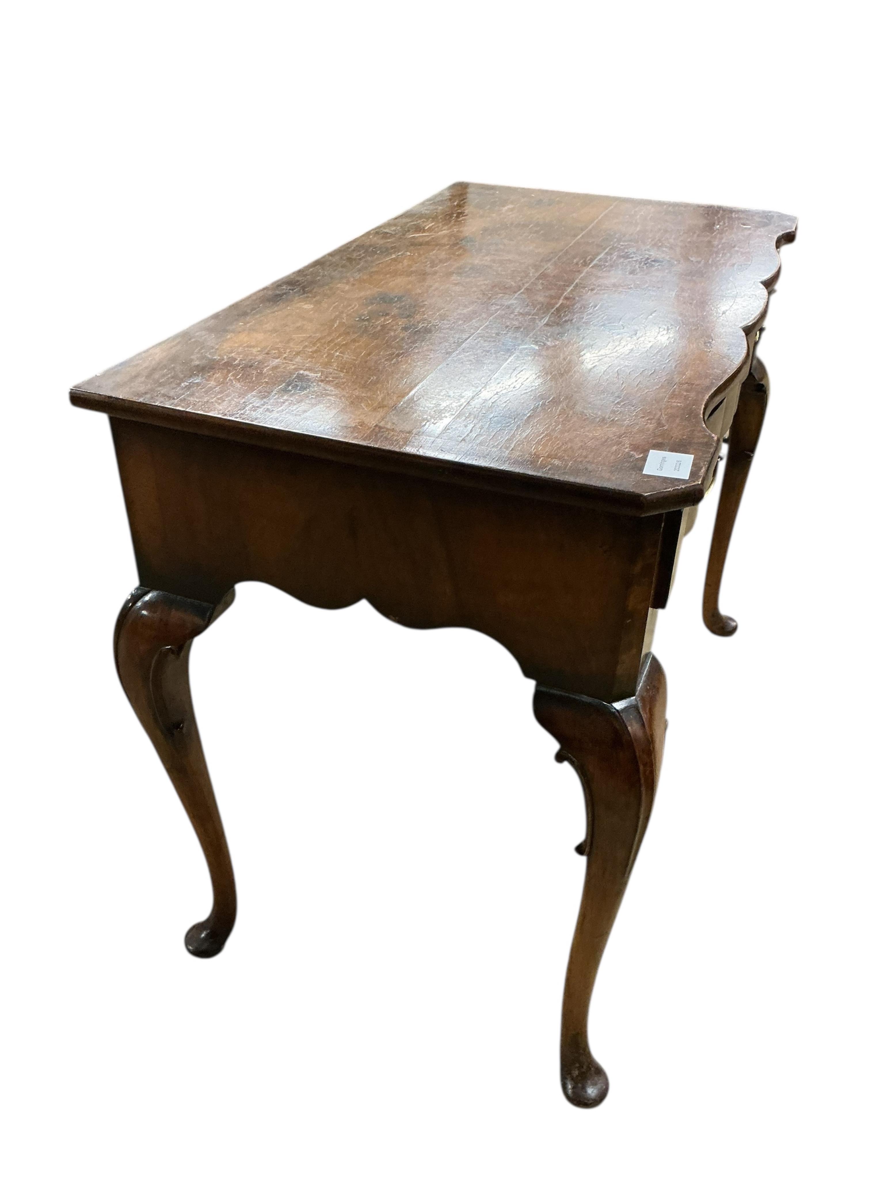 A Queen Anne Revival banded walnut side table, width 90cm, depth 51cm, height 72cm together with a similar stool